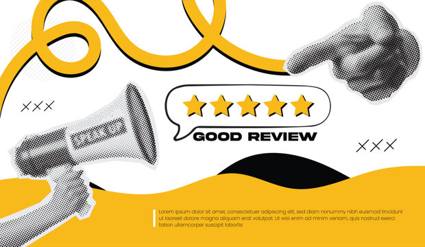 Web banner design featuring a good review rating with a halftone hand and a megaphone on a yellow abstract background