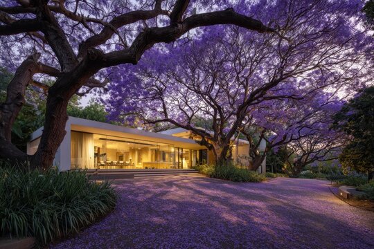 Modern luxury house framed by blooming jacaranda trees