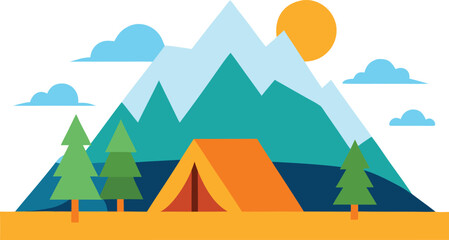 Camping tent in the mountains with trees and sunset isolated on transparent background, Vector, illustration