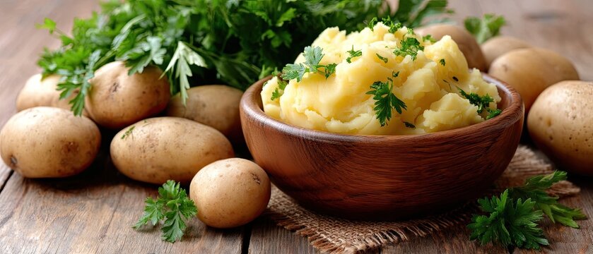 Mashed potatoes in a bowl with fresh raw potatoes on a wooden surface next to green herbs
