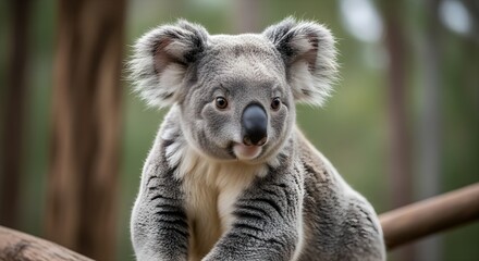 Fototapeta premium A close-up portrait of a koala bear sitting on a tree branch in a forest