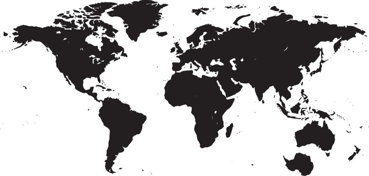 Minimalist black and white world map outline isolated on transparent background, Vector, illustration