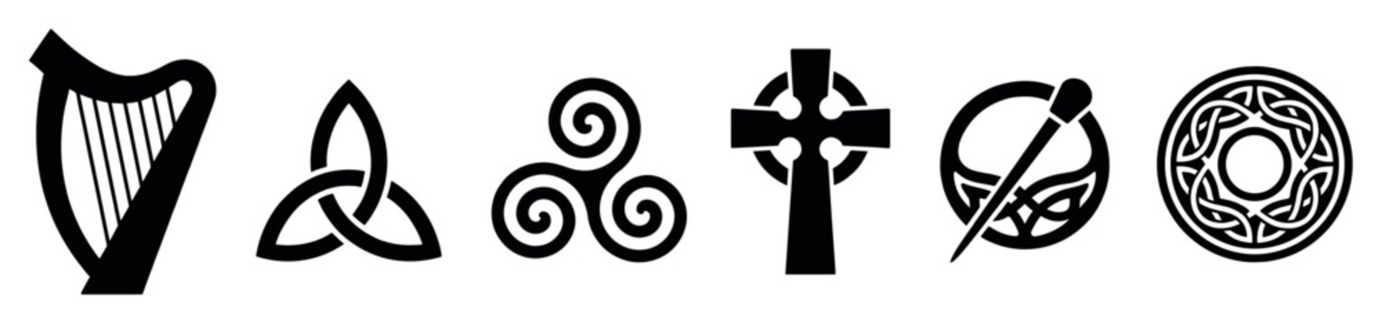 Six traditional black Irish and Celtic symbols in a minimalist icon set, featuring a harp, triquetra, triskele, cross, brooch, and circular knotwork