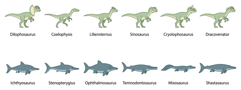 Set of prehistoric dinosaur and marine reptile illustrations with identifying labels, featuring various theropod and ichthyosaur species in a simple, educational cartoon chart format