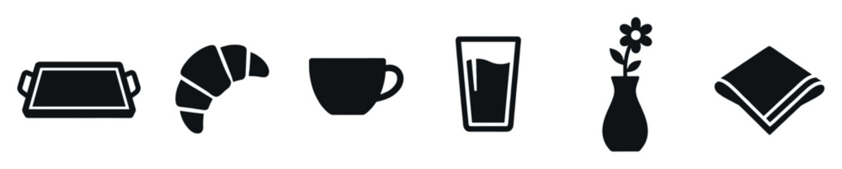 Set of black breakfast glyph icons featuring a serving tray, croissant, coffee cup, glass of juice, flower in a vase, and a folded napkin in a simple, minimalist style