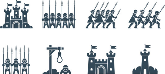 Medieval castle and knight army icon set, minimalist fortress soldiers spear vector illustration collection