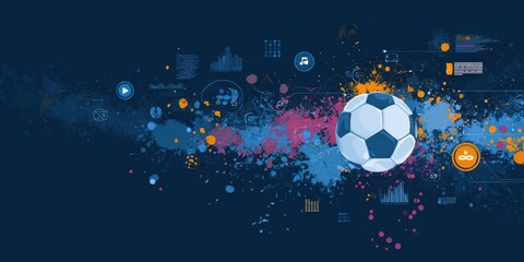 Fototapeta premium Digital Soccer Symphony: A vibrant soccer ball takes center stage amidst a digital canvas of icons and splashes, evoking the energy of the beautiful game.