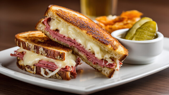 classic reuben sandwich on toasted marble rye bread