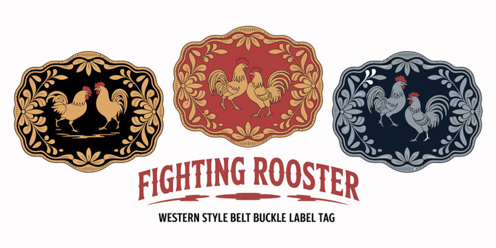 Fighting Rooster Western Belt Buckle Label Design Gold Winner Emblem Graphic
Stylized fighting rooster emblem for western belt buckle label, ranch style winner badge featuring ornate gold details, cou
