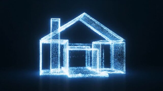 Abstract glowing house particle effect transforming and building up then dissolving from a digital blueprint visualization
