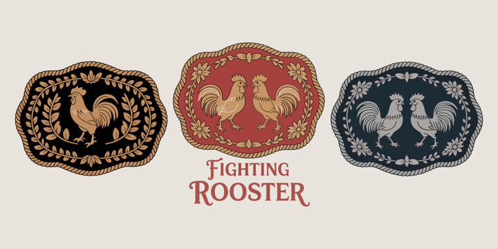 Fighting Rooster Western Belt Buckle Label Design Gold Winner Emblem Graphic
Stylized fighting rooster emblem for western belt buckle label, ranch style winner badge featuring ornate gold details, cou
