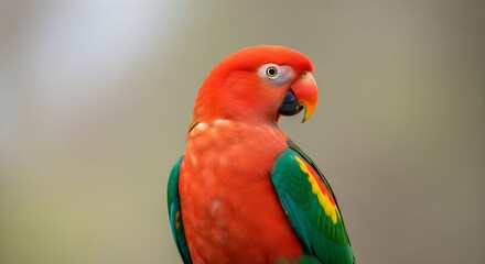 Fototapeta premium A vibrant parrot with bright orange feathers and green wings perches against a blurred background