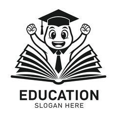 Happy Graduation Education Mascot Logo with Book and Cap Black and White Vector Illustration.