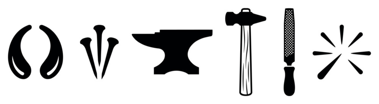 Set of black farrier tool icons including tongs, nails, an anvil, a hammer, and a rasp with sparks in a minimalist graphic style for blacksmithing concepts
