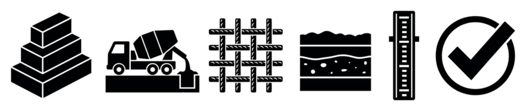 Set of black construction industry icons showing foundation blocks, a concrete mixer, steel rebar mesh, ground layers, a measurement tool, and a quality approval checkmark
