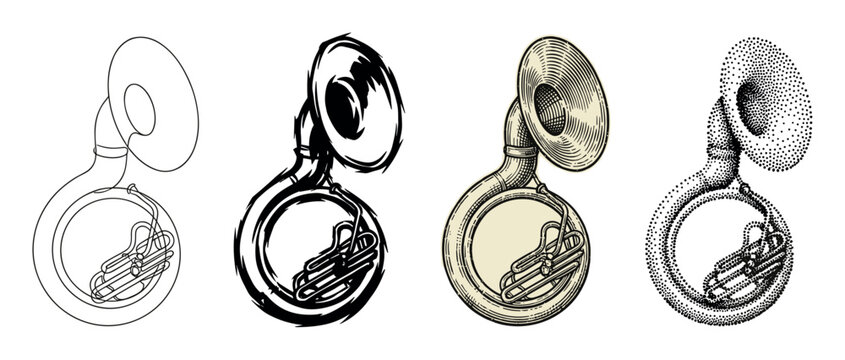 Four sousaphone musical instrument vector illustrations in a collection of artistic styles including line art, brush stroke, vintage engraving, and pointillism