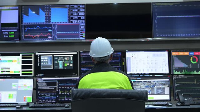 Professional engineer monitoring complex data systems on multiple screens in modern control center. Male worker analyzing digital charts and graphs for security and automation performance.