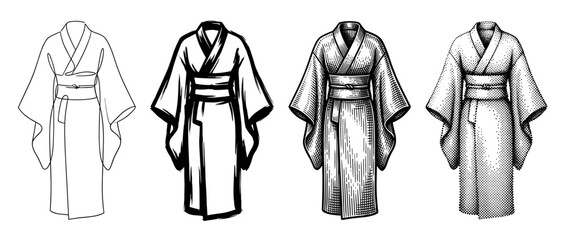 Naklejka premium Four traditional Asian kimono robe illustrations showing different artistic styles from line art and brushstroke to engraving and halftone dot pattern in a monochrome collection