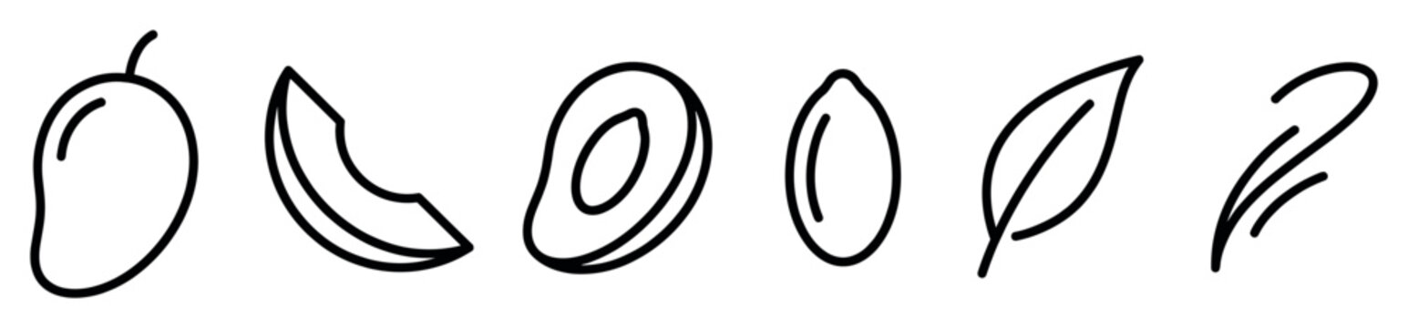 Minimalist black line art mango fruit icons featuring a whole fruit, a juicy slice, a half with a pit, a seed, and a leaf in a simple hand-drawn sketch style