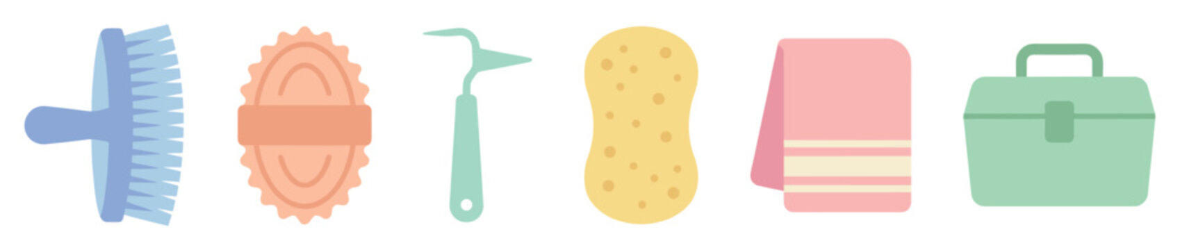 Colorful horse grooming tools set including a brush, curry comb, hoof pick, sponge, towel, and box, presented in a flat vector illustration style with a pastel color palette