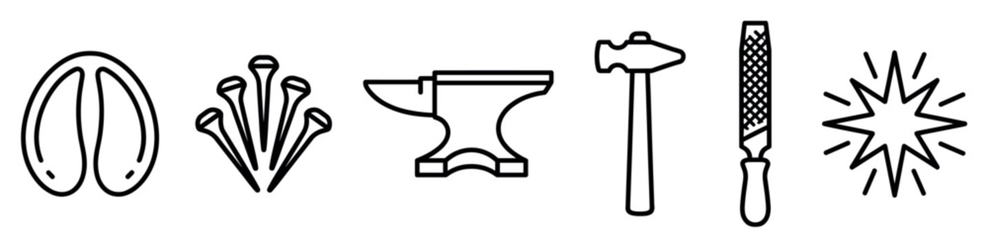 Blacksmithing and farrier tools icon set featuring a horseshoe, nails, anvil, hammer, and rasp in a clean, minimalist black line art style for graphic design concepts