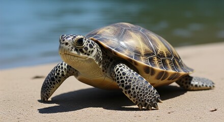 Obraz premium A turtle walking on the sandy beach with water in the background
