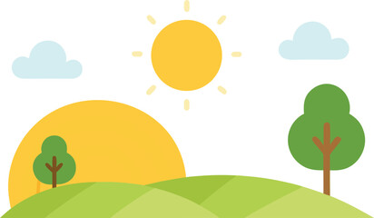 Obraz premium Sunrise over green hills with trees isolated on transparent background, Vector, illustration