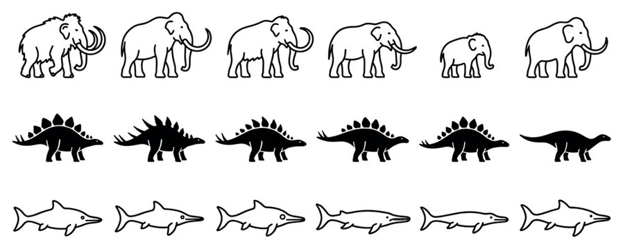 Black and white evolutionary chart illustrations of a mammoth, stegosaurus, and ichthyosaur shown in a sequence of development with a simple, minimalist graphic icon design