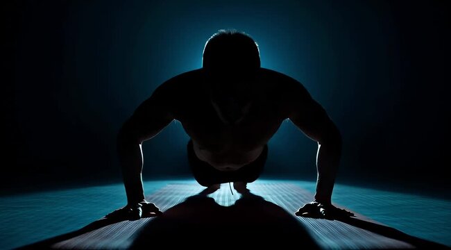 Silhouette of a determined man performing push-ups in a dimly lit, atmospheric gym.