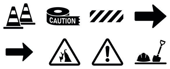 Collection of black construction safety icons including traffic cones, caution tape, warning signs, arrows, a hard hat, and a shovel in a clean graphic vector style