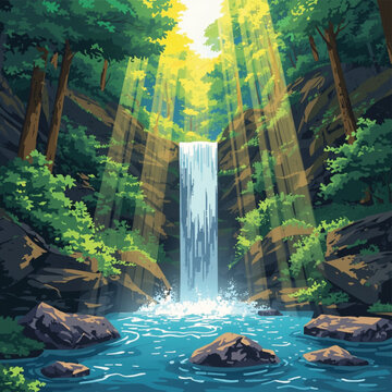 Beautiful Waterfall in Lush Green Forest with Sun Rays Beam Through Trees, Vector Illustration of Tropical Jungle Landscape with River, Rocks, and Magical Sunlight, Serene Nature Scene Background.