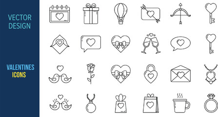Fototapeta premium Valentines Day Icon Set with Love, Heart, Gift, Romance, Wedding, and Celebration Symbols for Holiday Vector Design