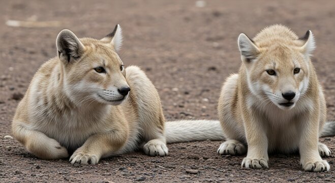 Two tan and white dingo puppies sitting on brown dirt