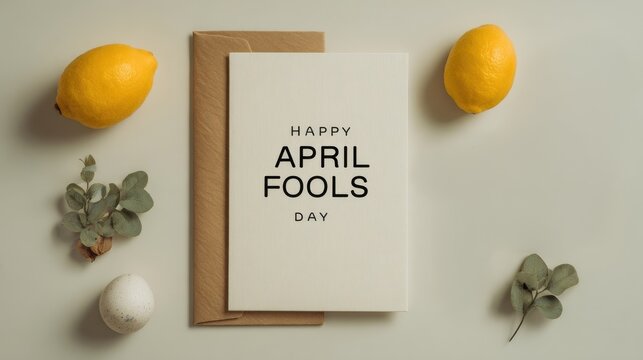 greeting card with happy april fools day text on brown envelope with lemons and green leaves on light background ample space for text concept of celebration humor playful design