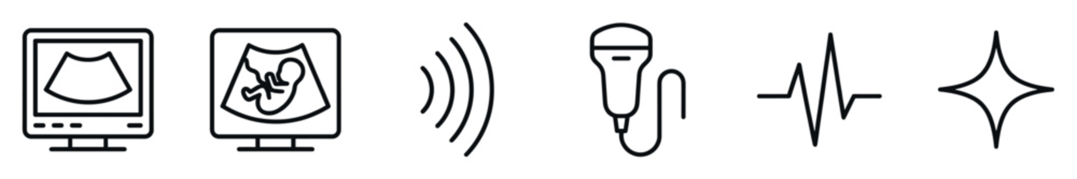 Black line art icons for medical ultrasound technology representing sonography and diagnostics with a fetus scan, monitor, transducer probe, sound waves, and a heartbeat symbol