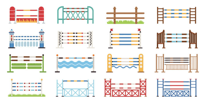 Equestrian Show Jumping Obstacles Set, Rails and Brick Wall Columns, Vector Flat Illustration of Horse Riding Equipment for Sport Competition, Training, and Performance