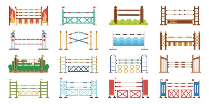 Equestrian Show Jumping Obstacles Set, Rails and Brick Wall Columns, Vector Flat Illustration of Horse Riding Equipment for Sport Competition, Training, and Performance