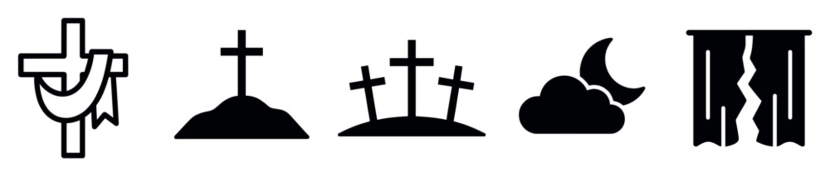 Set of black Christian religious icons depicting the crucifixion and resurrection story, including three crosses on a hill, a torn veil, and a crescent moon in a minimalist style