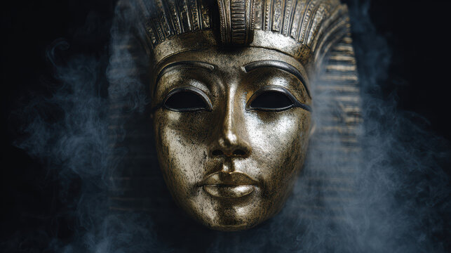Mysterious gold mask of an ancient Egyptian pharaoh emerges from dark smoke on black background. powerful symbol of history, royalty, and afterlife