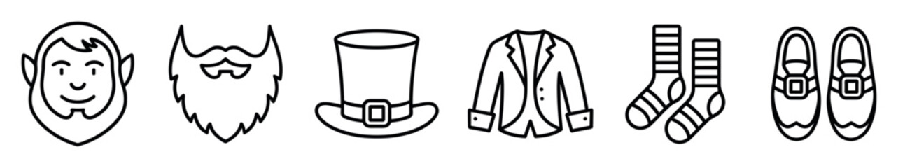 Obraz premium Set of black line art icons for a leprechaun costume including a face, beard, top hat, jacket, socks, and shoes for a St. Patrick's Day celebration, drawn in a simple minimalist style