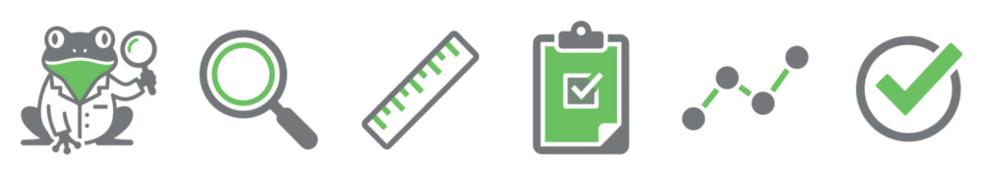 Green and grey flat vector icon set featuring a frog scientist with a magnifying glass, ruler, clipboard checklist, line graph, and checkmark for science and quality control