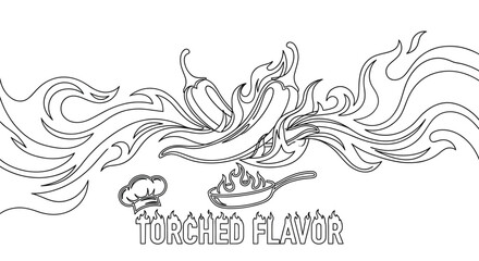 Fototapeta premium Torched Flavor Hot Chili Pepper and Frying Pan Logo. Stylized Fire Flames.