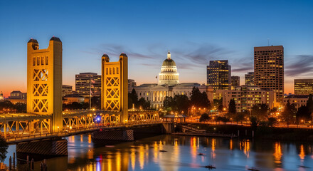 Sacramento cityscape at dusk with bridge and buildings near river