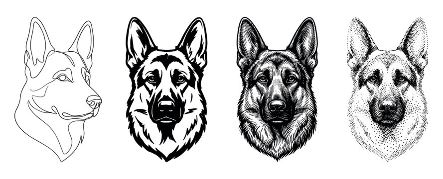 German Shepherd dog head portrait collection featuring four distinct black and white artistic interpretations: minimalist line drawing, high-contrast stencil, vintage engraving, and dotwork