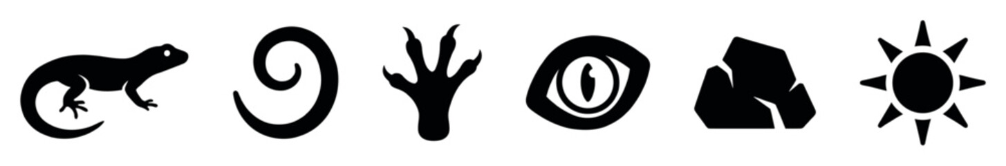 Obraz premium Set of black reptile icons showing a lizard, curled tail, clawed paw print, vertical pupil eye, rock, and sun symbol in a minimalist graphic design illustration