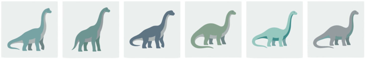 Fototapeta premium Collection of six minimalist sauropod dinosaur illustrations in a row, featuring a cute character in a flat vector style with a muted pastel color palette