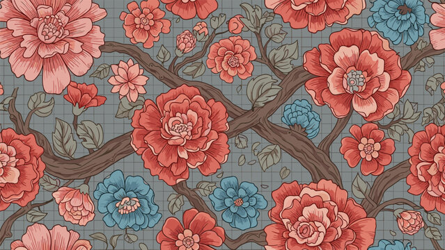 Exquisite seamless floral pattern showcasing large red and blue flowers with dense branches over a gray grid background, inspired by vintage art.