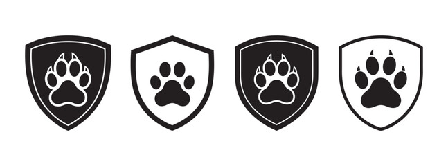 Four black shield icons with white paw print inside on white background