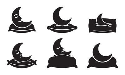 Collection of six stylized crescent moon icons sleeping on pillows