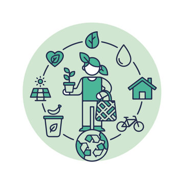Sustainablity lifestyle infographic icon with person recycling and eco-friendly transportation symbols for green energy concept